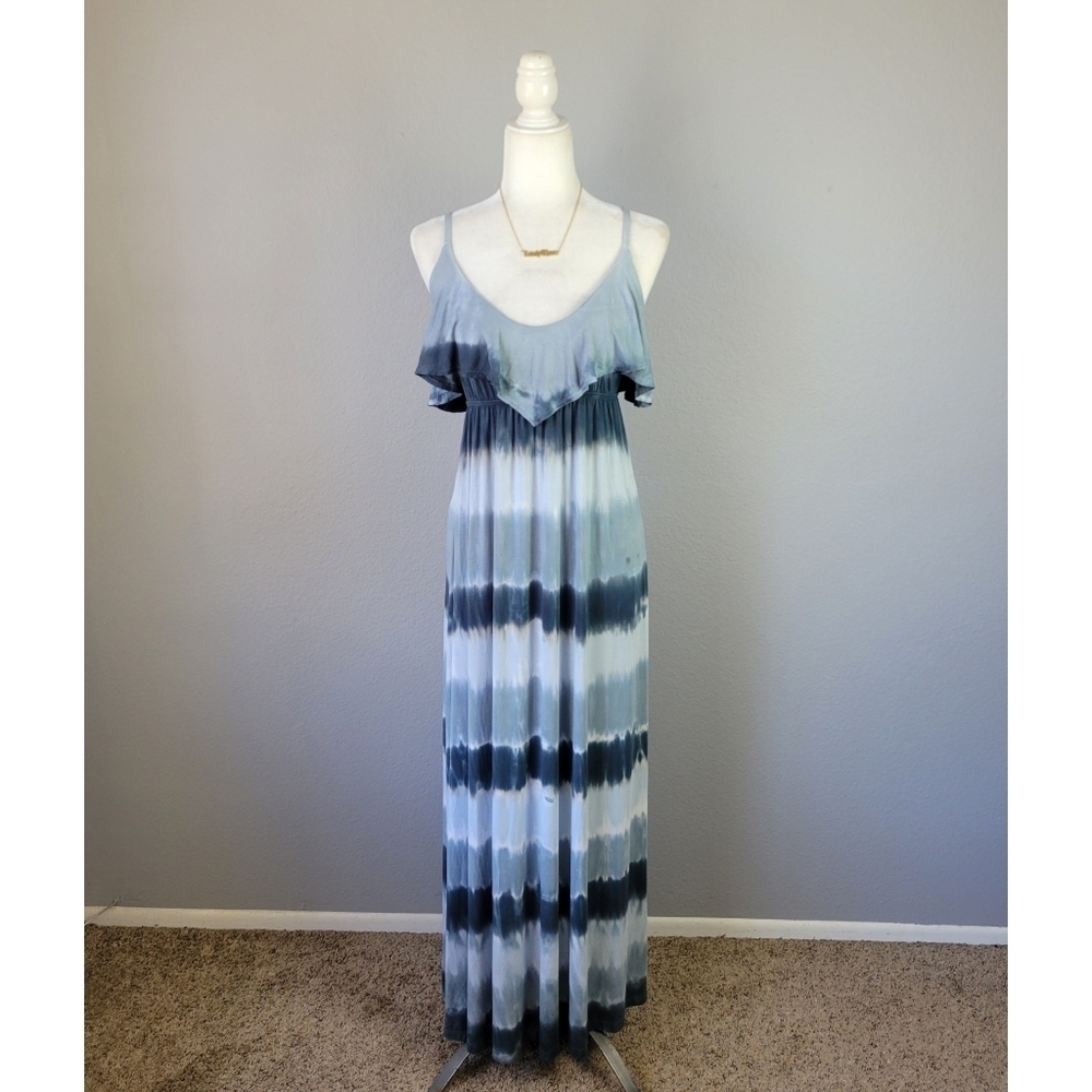GYPSY 05 // grey & white tie dye scoop neck ruffle adjustable strap maxi dress